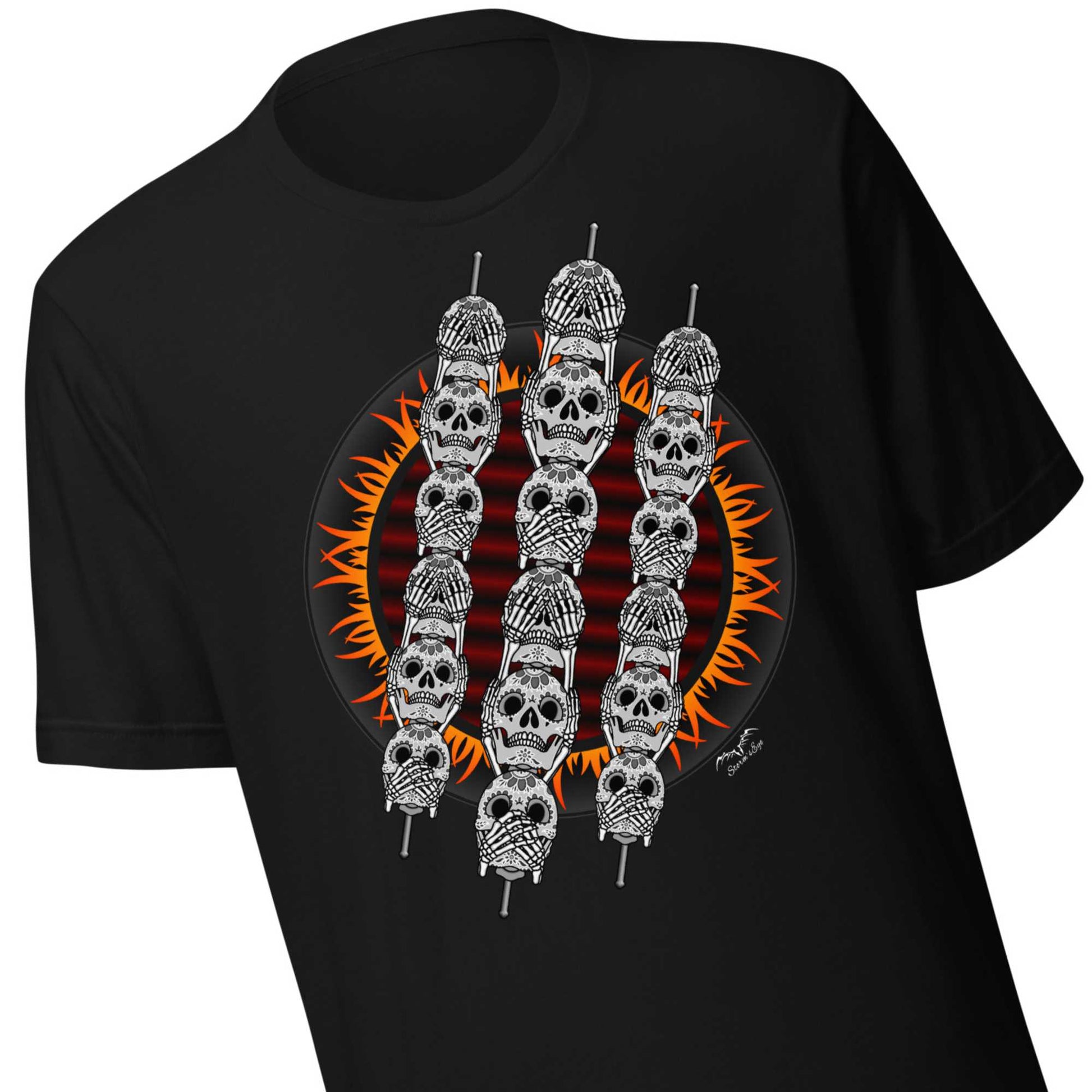 stormseye design skewer skulls gothic BBQ T shirt, detail view black