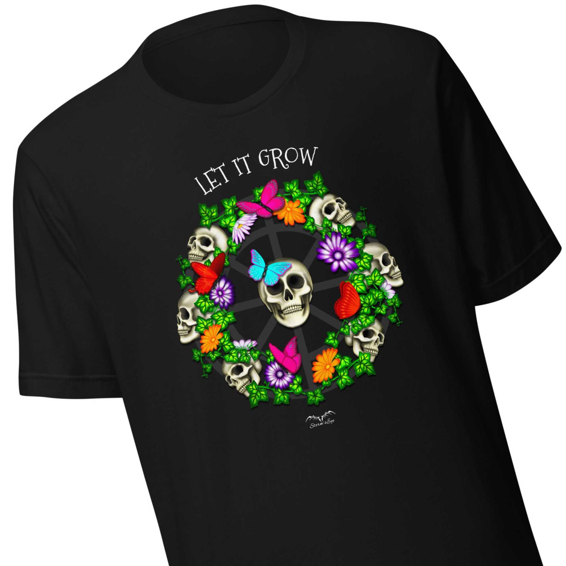 stormseye design skulls and flowers gothic T shirt, detail view black