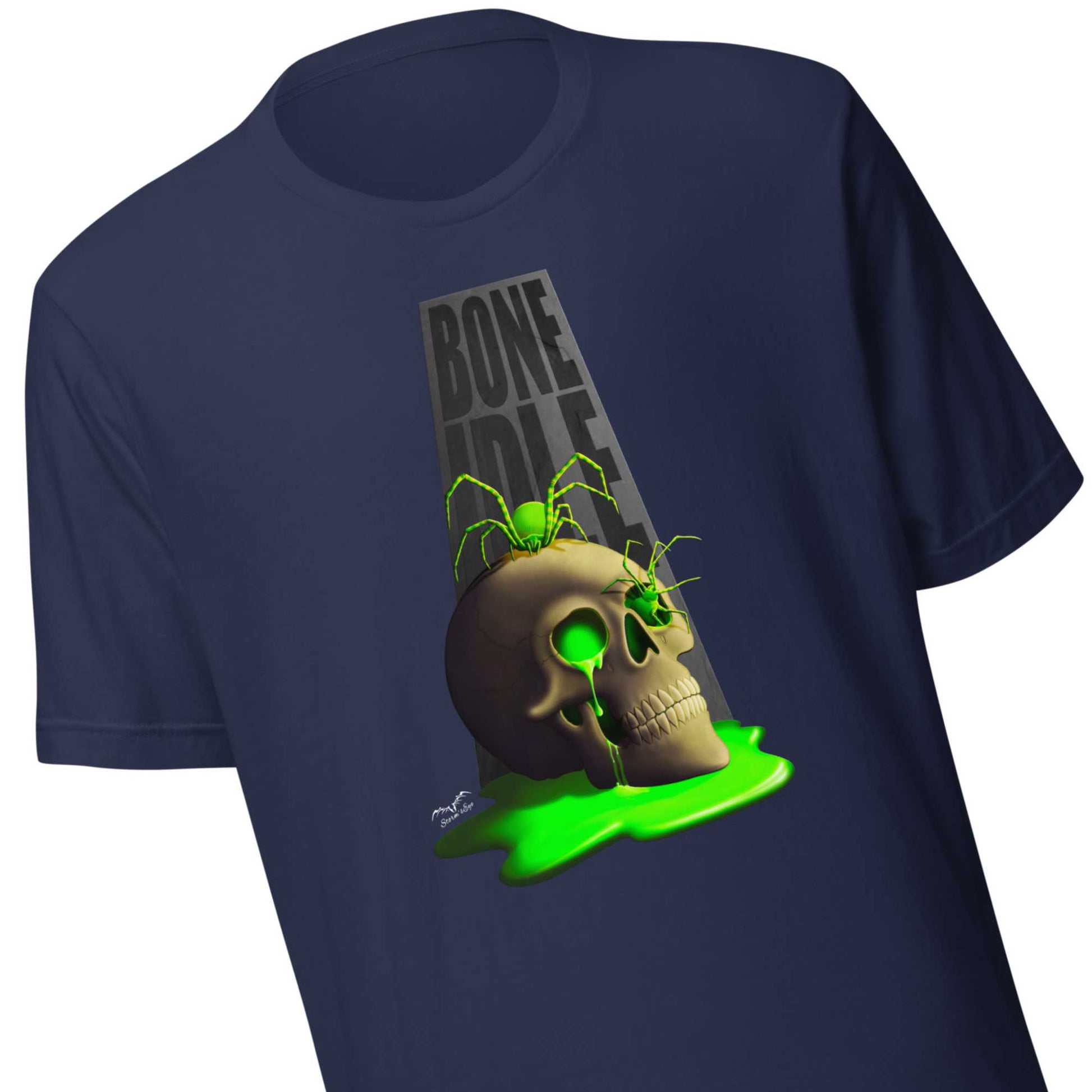 stormseye design bone idle skull and spiders T shirt detail view navy blue