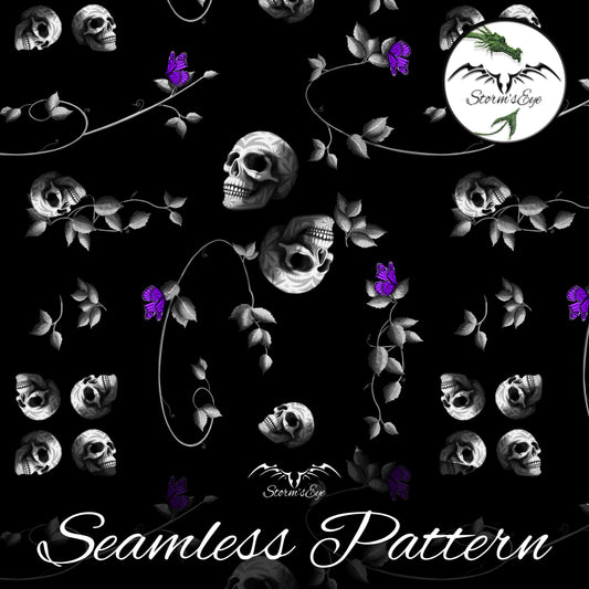Gothic Skulls Silver Seamless Repeat Pattern | Sugar Skulls & Snakes | Instant Digital Download