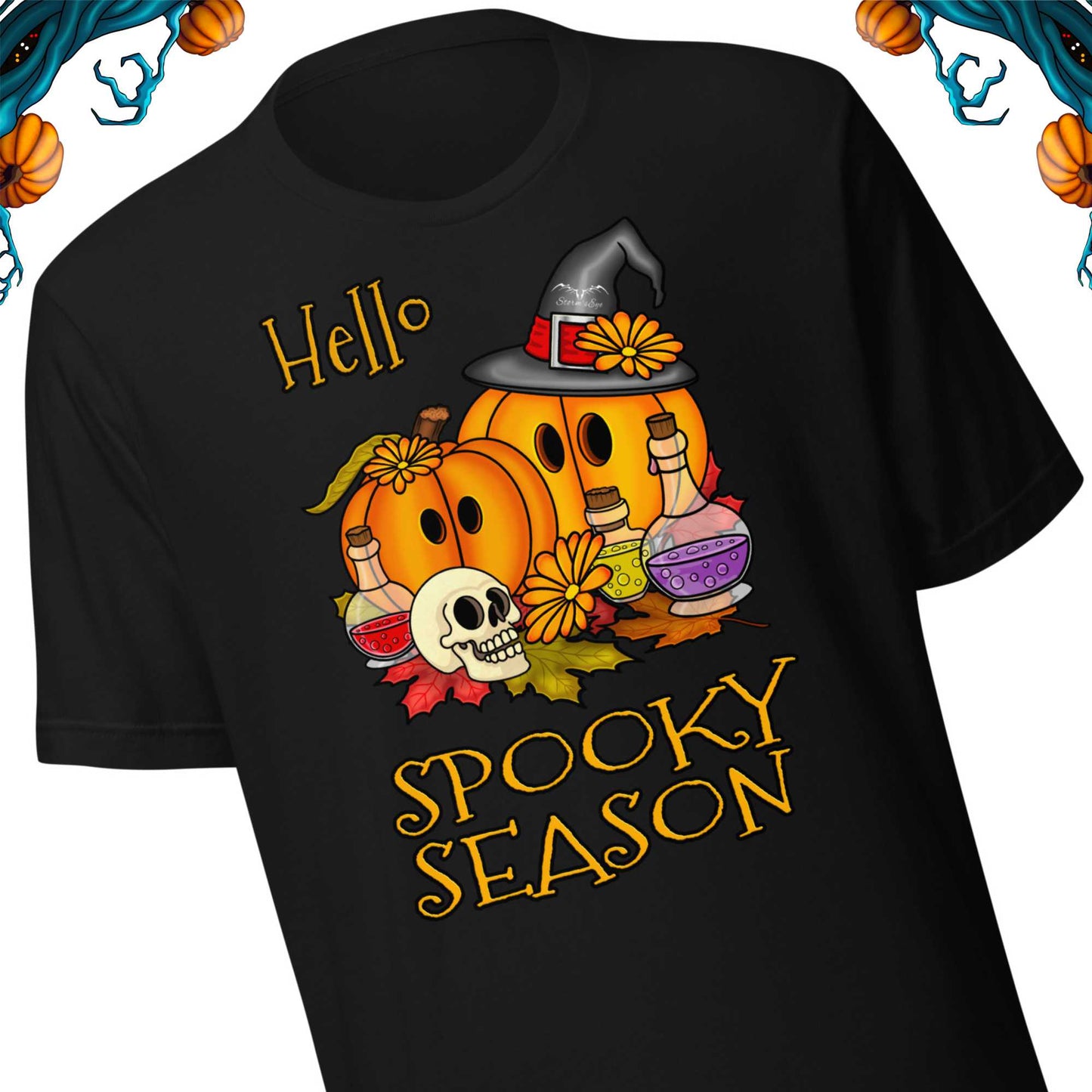 stormseye design hello spooky season halloween T shirt detail view black