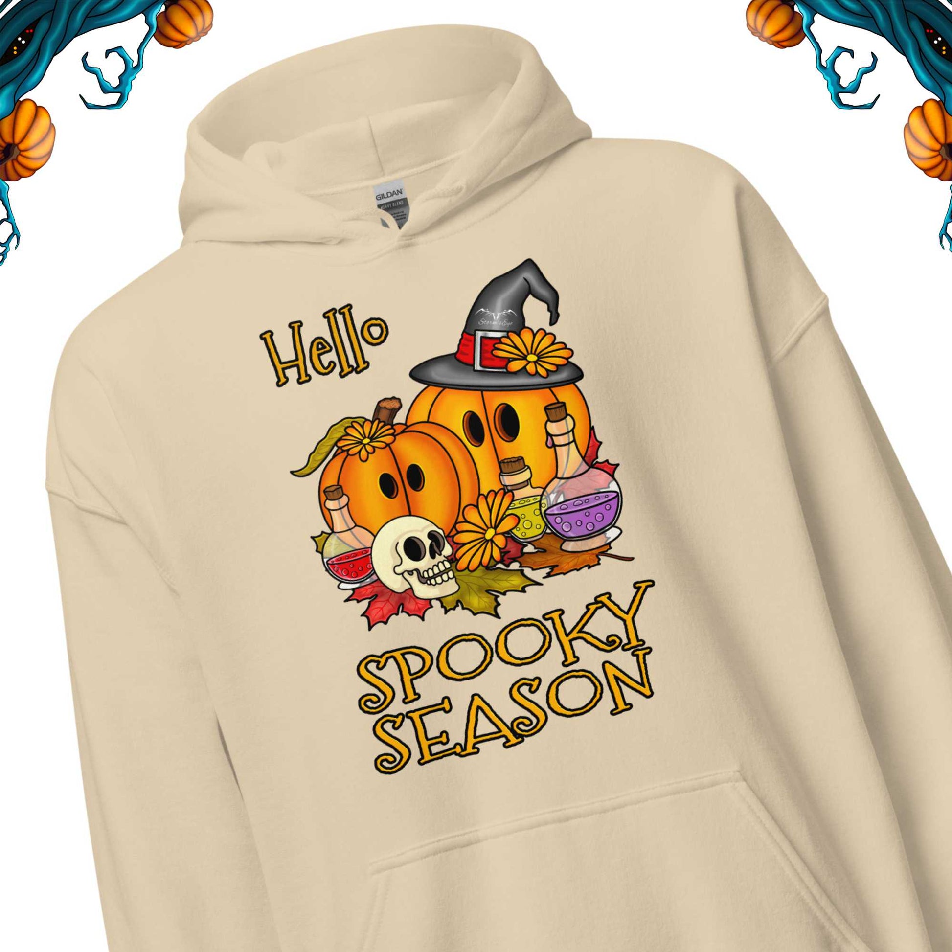 stormseye design hello spooky season hoodie detail view sand