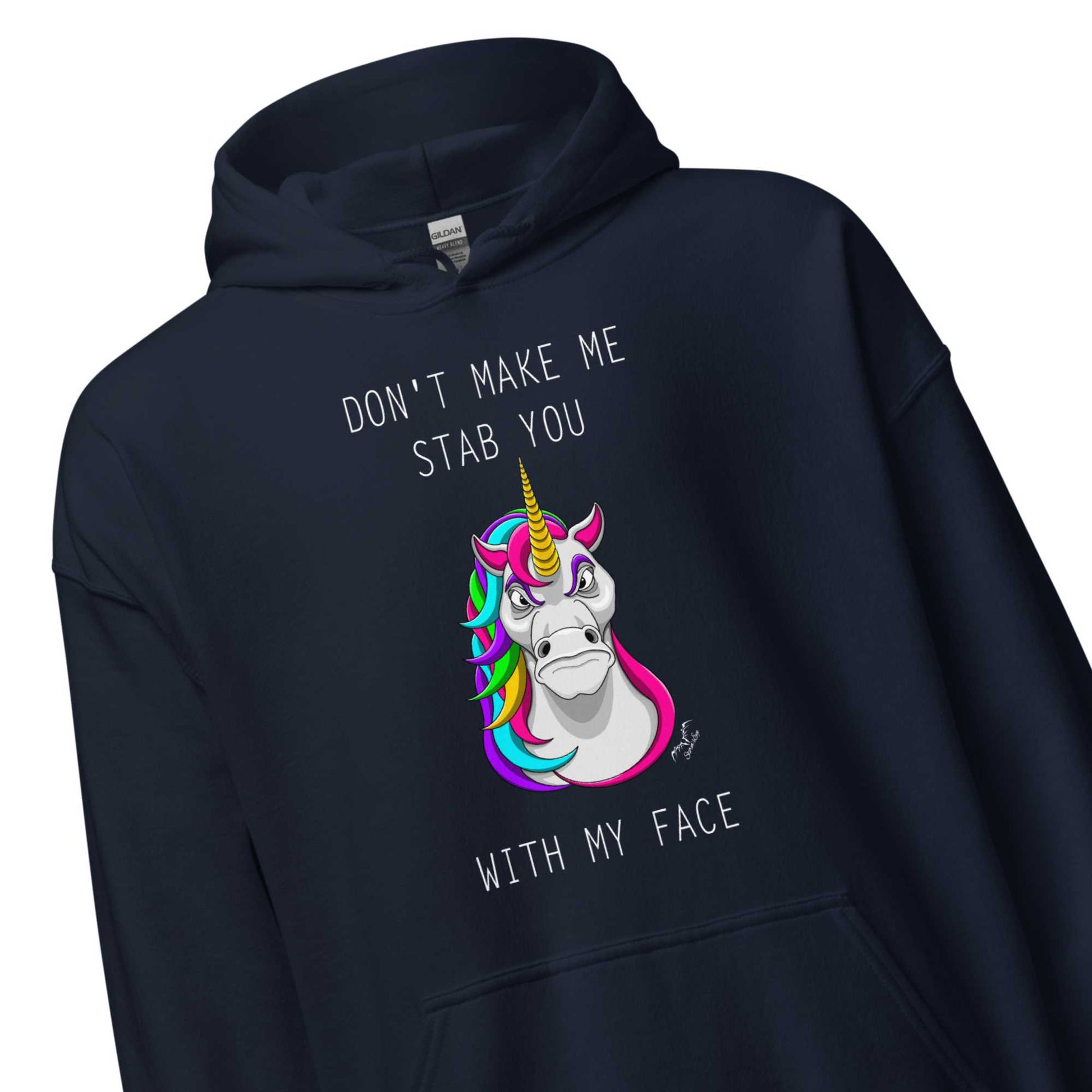funny stabby unicorn hoodie by stormseye design, navy blue, zoom view