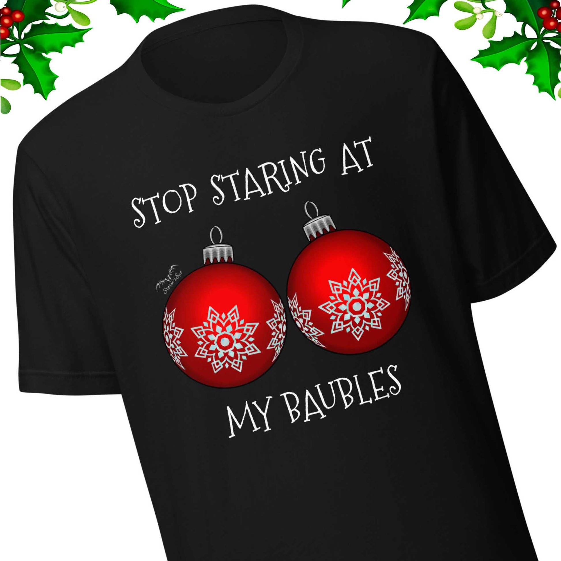 stormseye design stop staring baubles christmas T shirt, detail view black