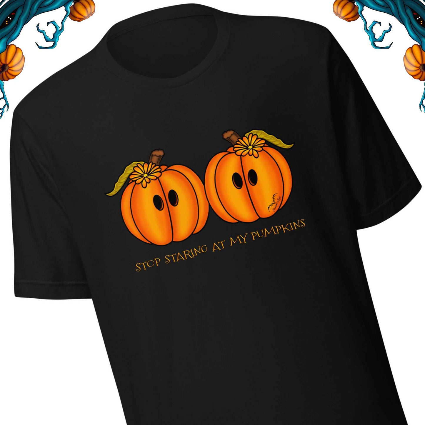 stormseye design staring pumpkins T shirt detail view black