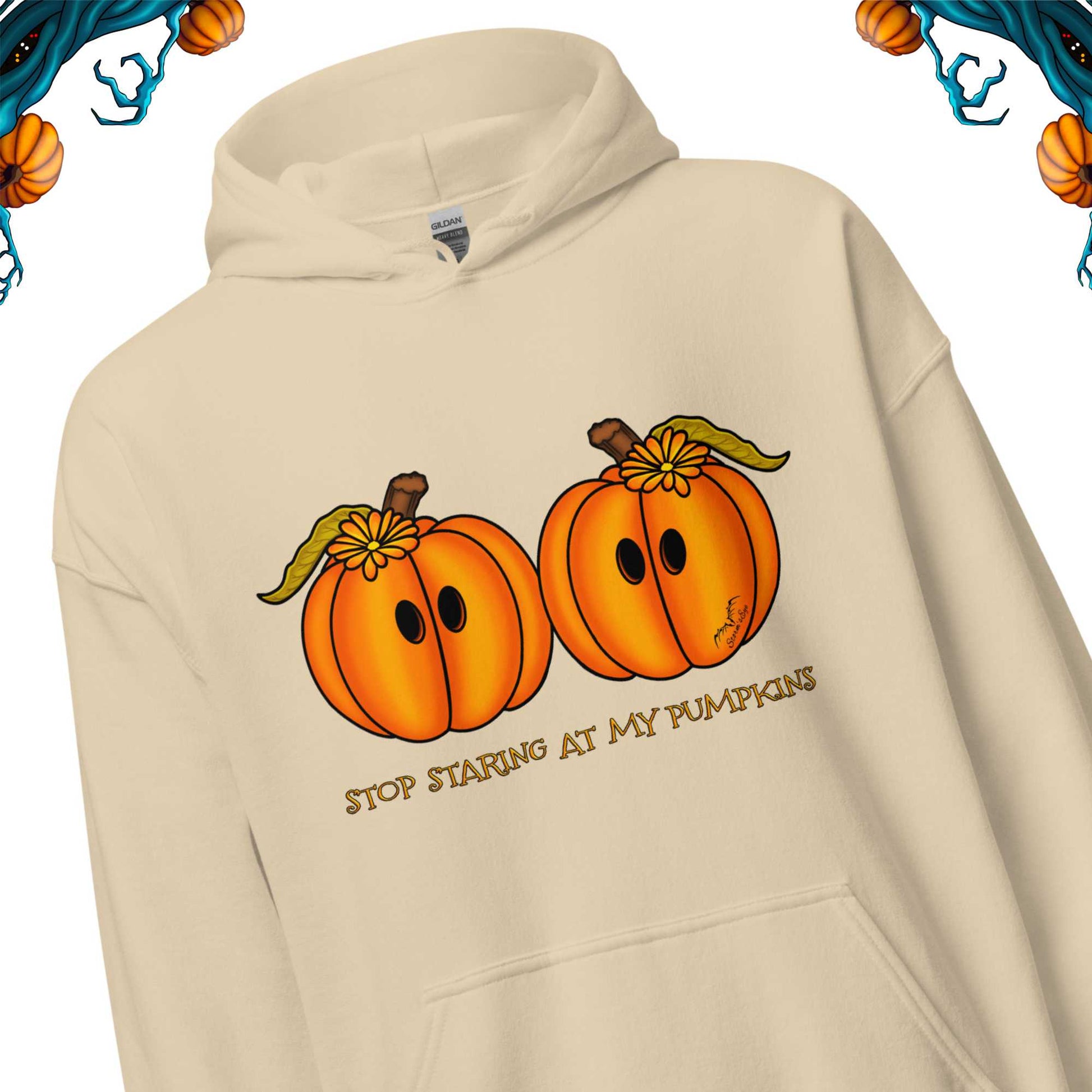 stormseye design staring pumpkins halloween hoodie detail view cream