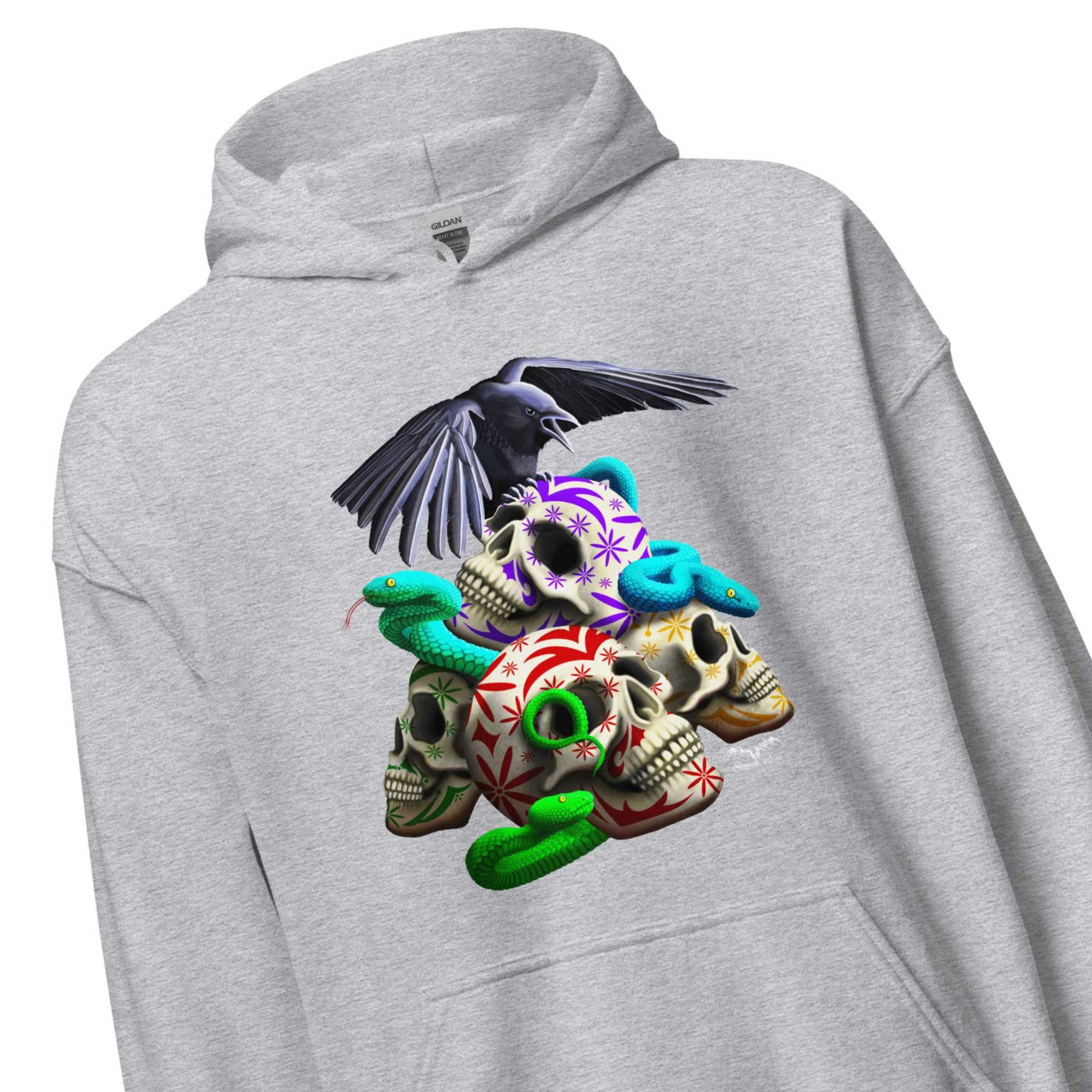 stormseye design gothic skulls & snakes hoodie detail view sport grey
