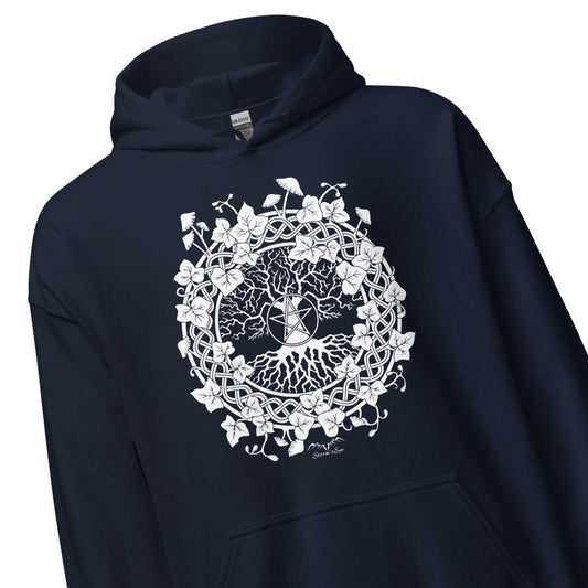 stormseye design pagan tree of life hoodie detail view navy blue