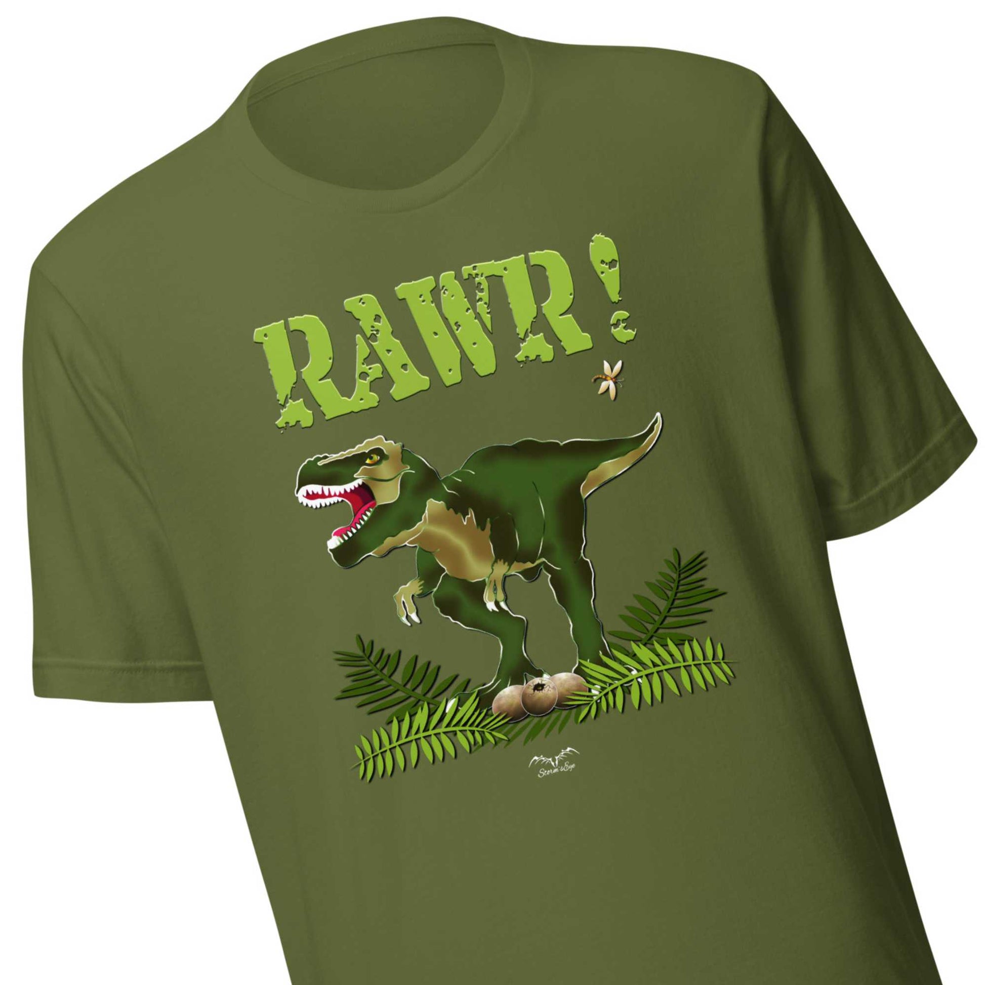 T Rex Dinosaur shirt by Stormseye, olive green zoom view
