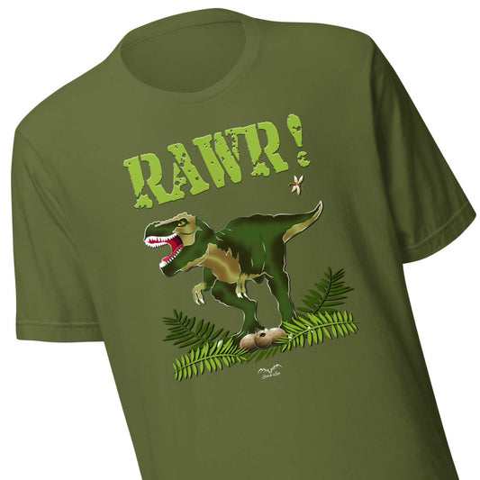 T Rex Dinosaur shirt by Stormseye, olive green zoom view