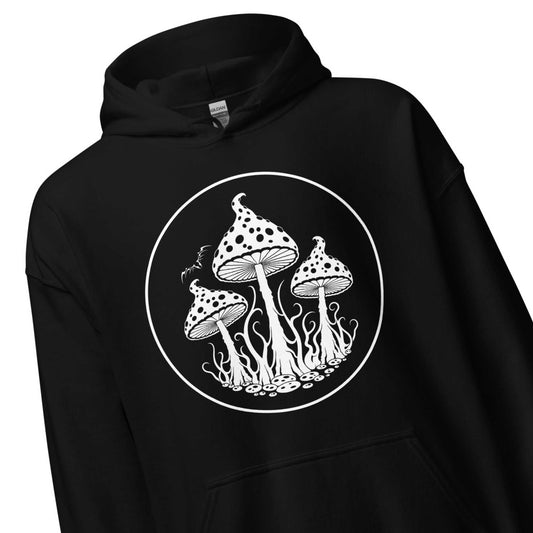 stormseye design trippy mushrooms hoodie, detail view, black