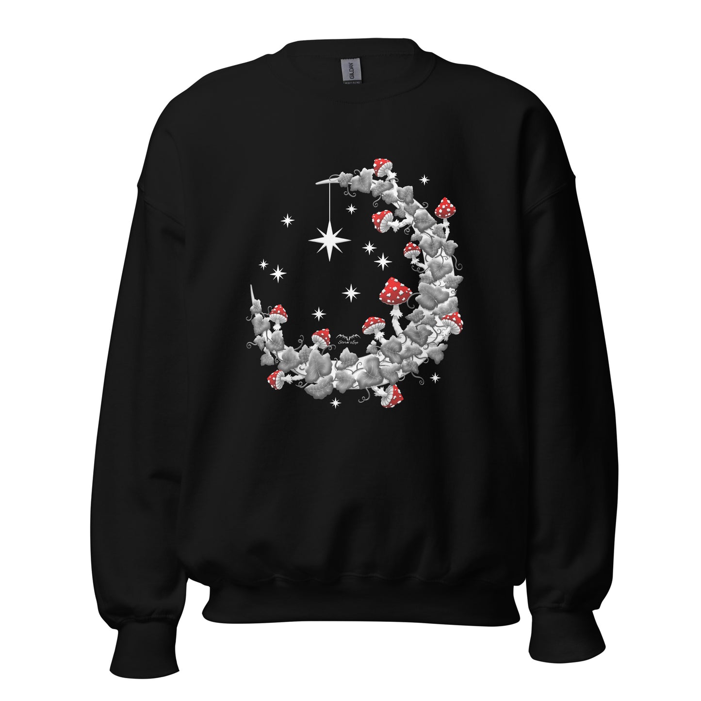 stormseye design witchy mushrooms sweatshirt, flat view, black