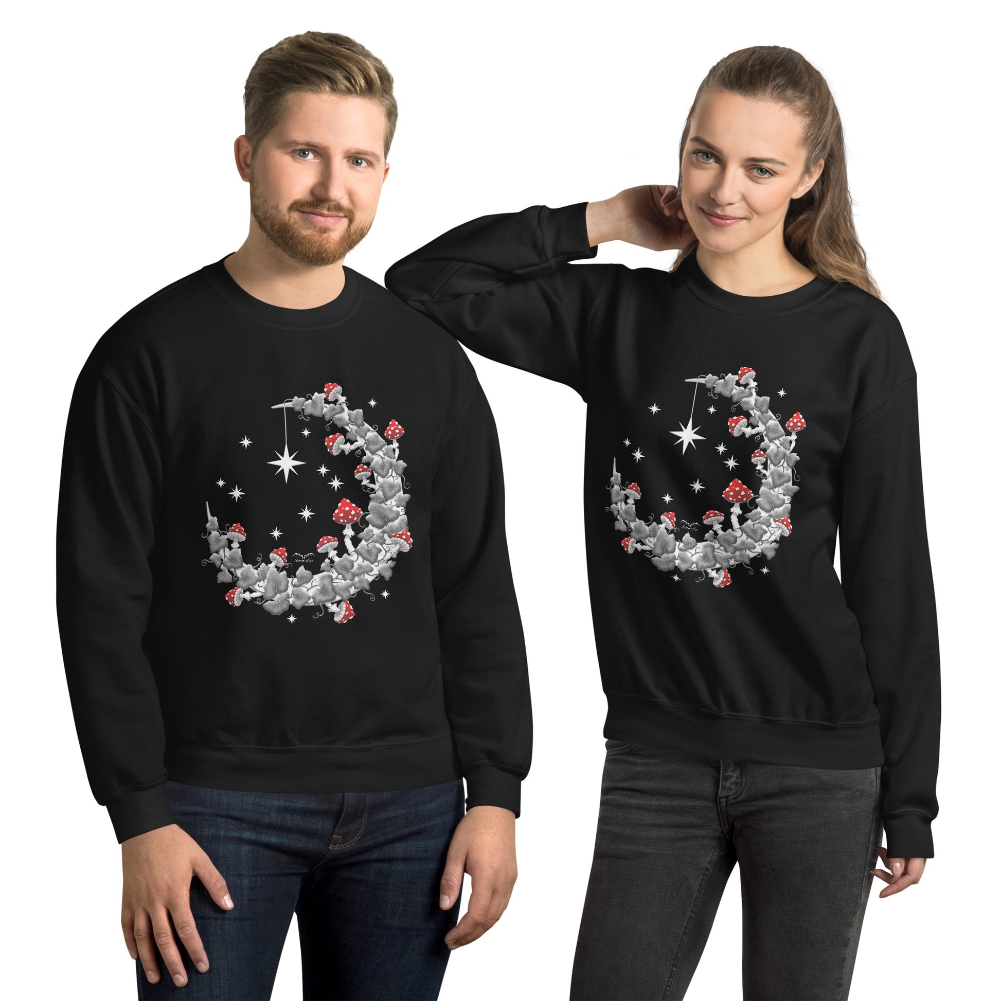 stormseye design witchy mushrooms sweatshirt, modelled view, black