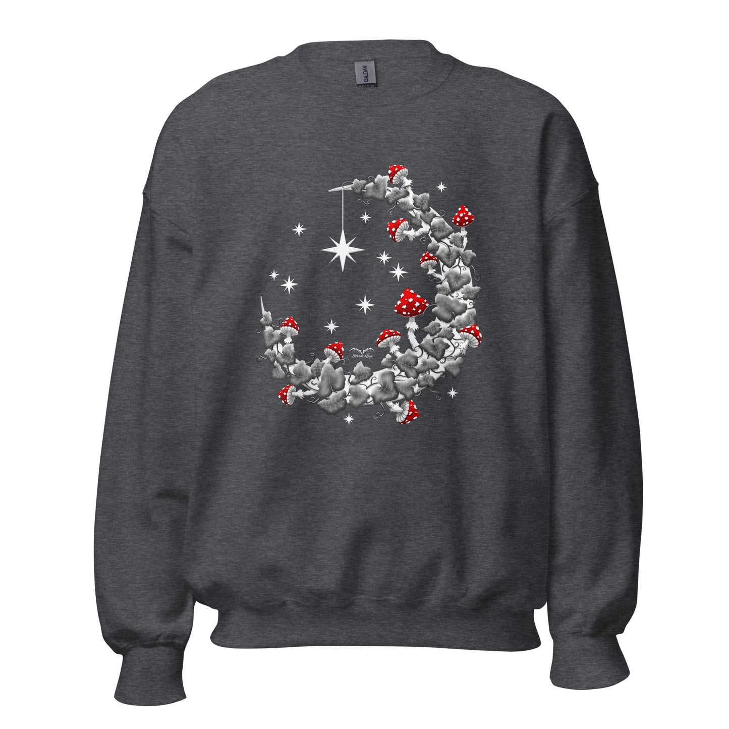 stormseye design witchy mushrooms sweatshirt, flat view, dark heather