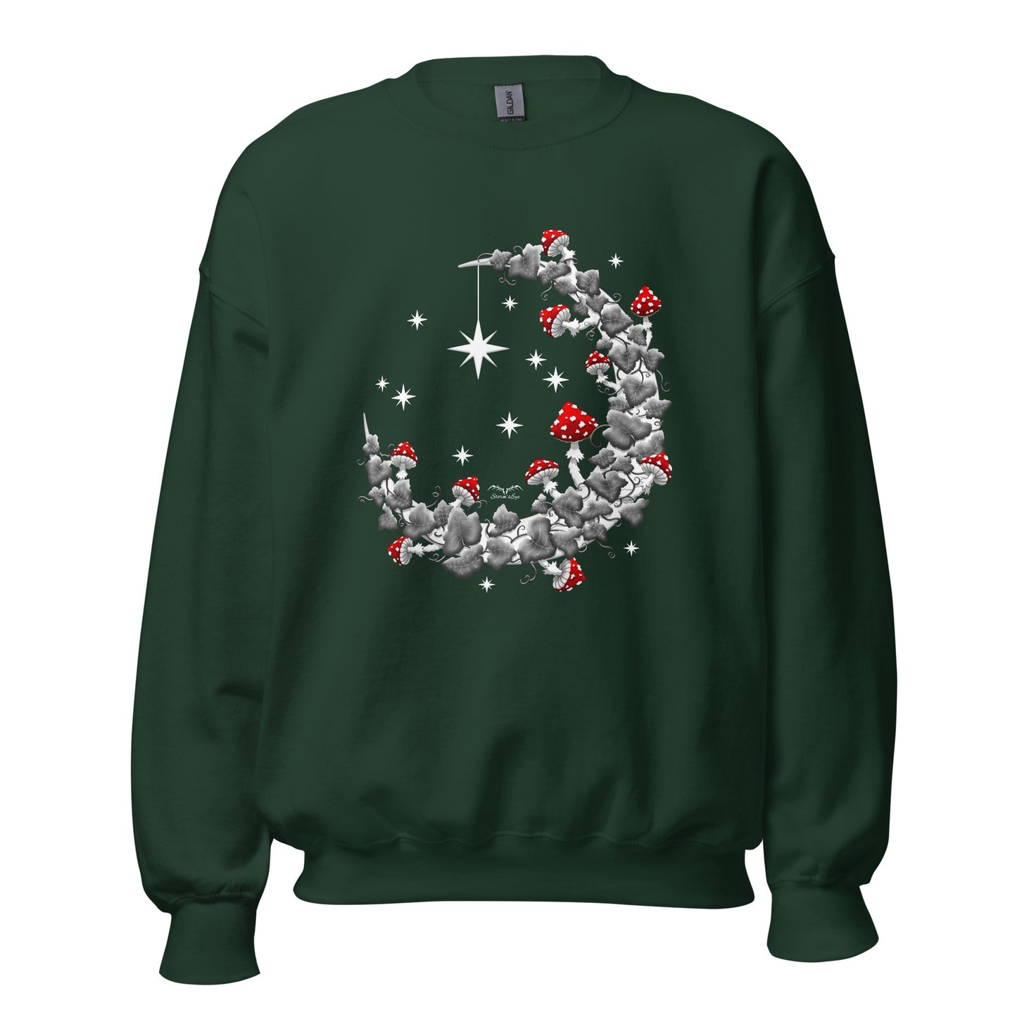 stormseye design witchy mushrooms sweatshirt, flat view, forest green