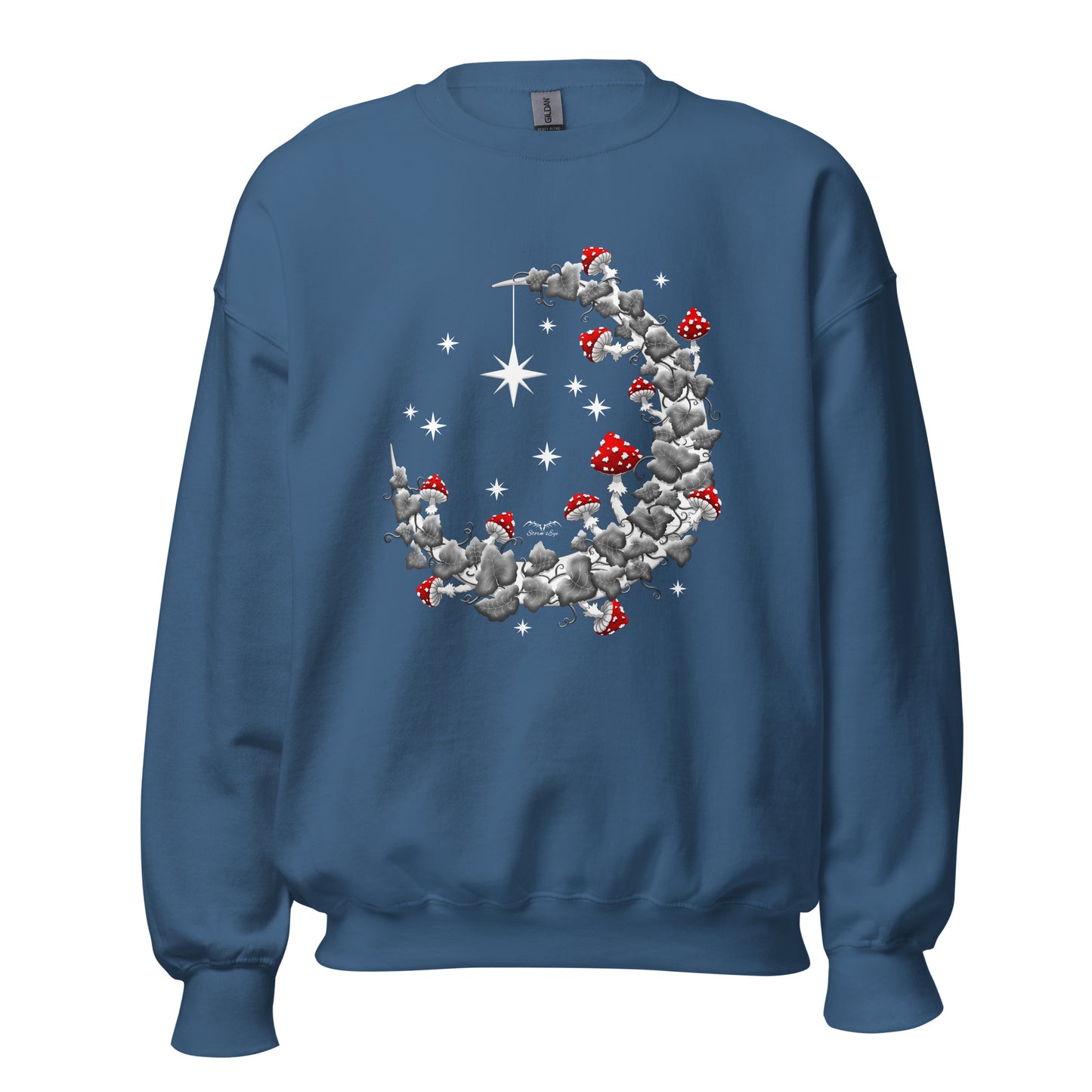 stormseye design witchy mushrooms sweatshirt, flat view, blue