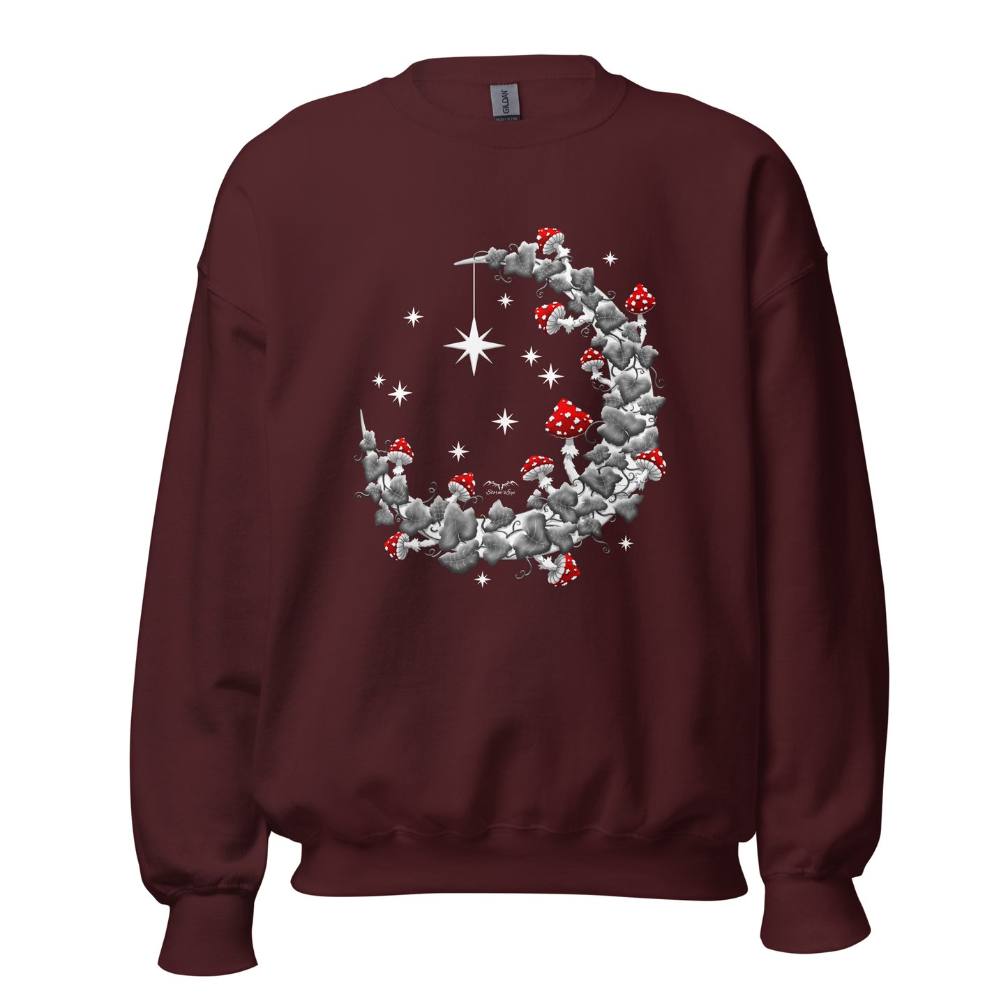 stormseye design witchy mushrooms sweatshirt, flat view, maroon