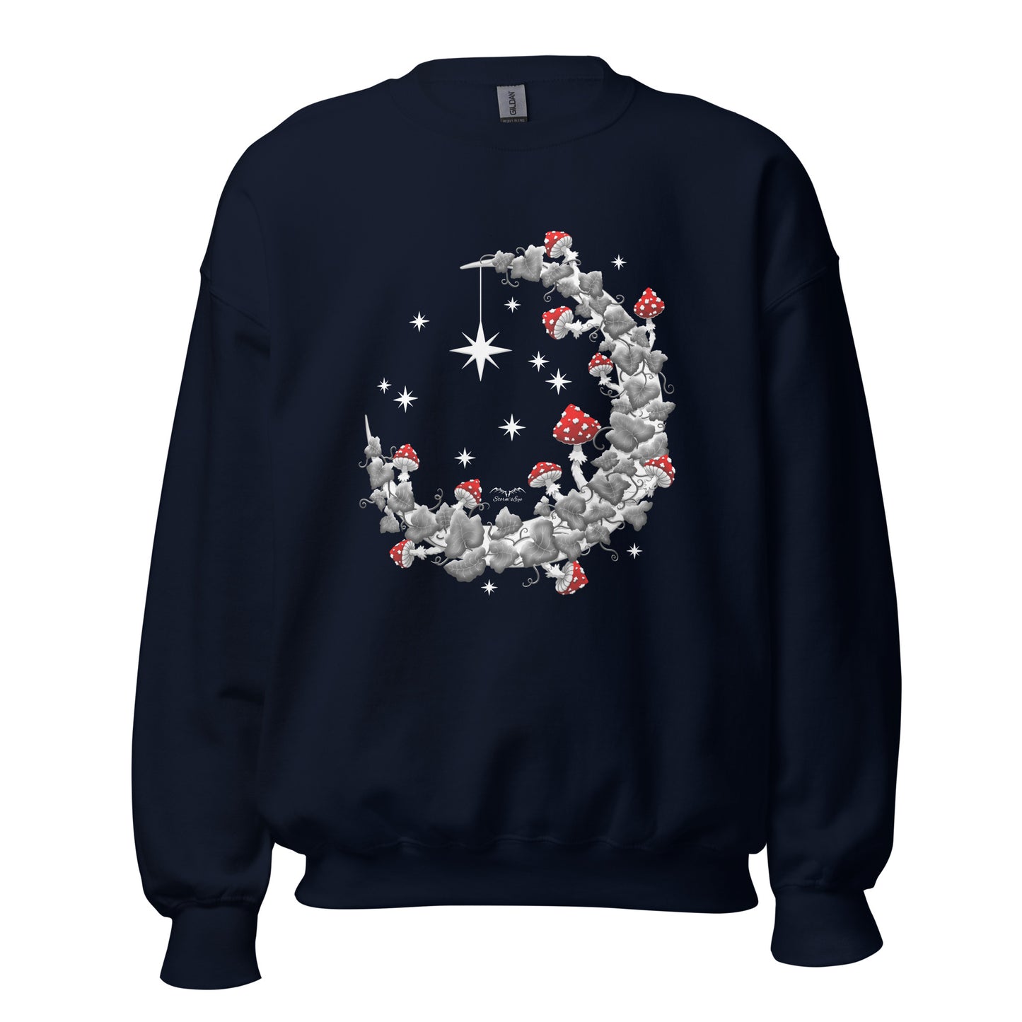 stormseye design witchy mushrooms sweatshirt, flat view, navy blue