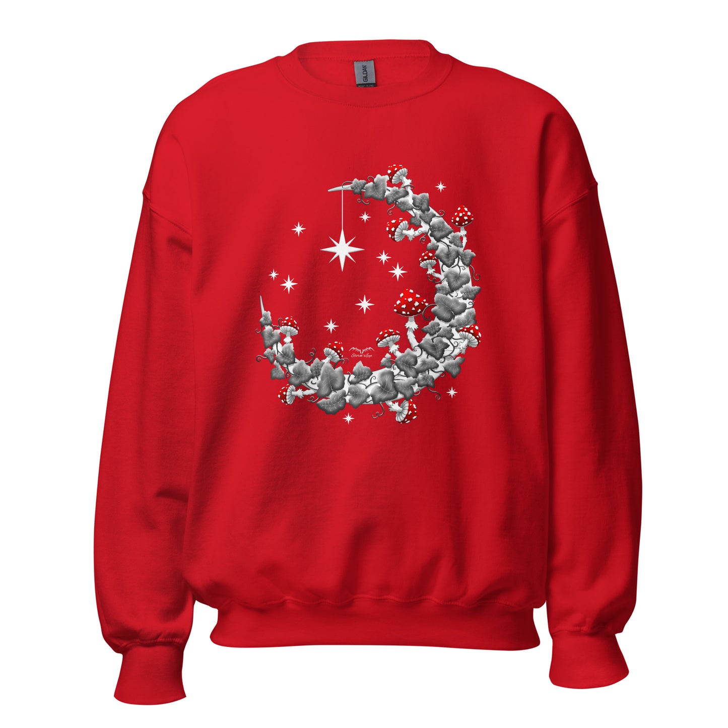 stormseye design witchy mushrooms sweatshirt, flat view, bright red