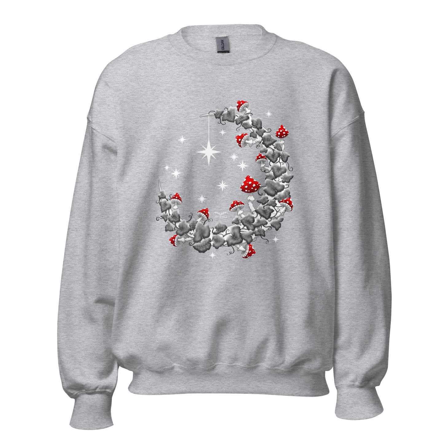 stormseye design witchy mushrooms sweatshirt, flat view, sport grey