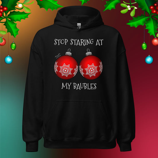 funny staring baubles christmas hoodie black by stormseye design