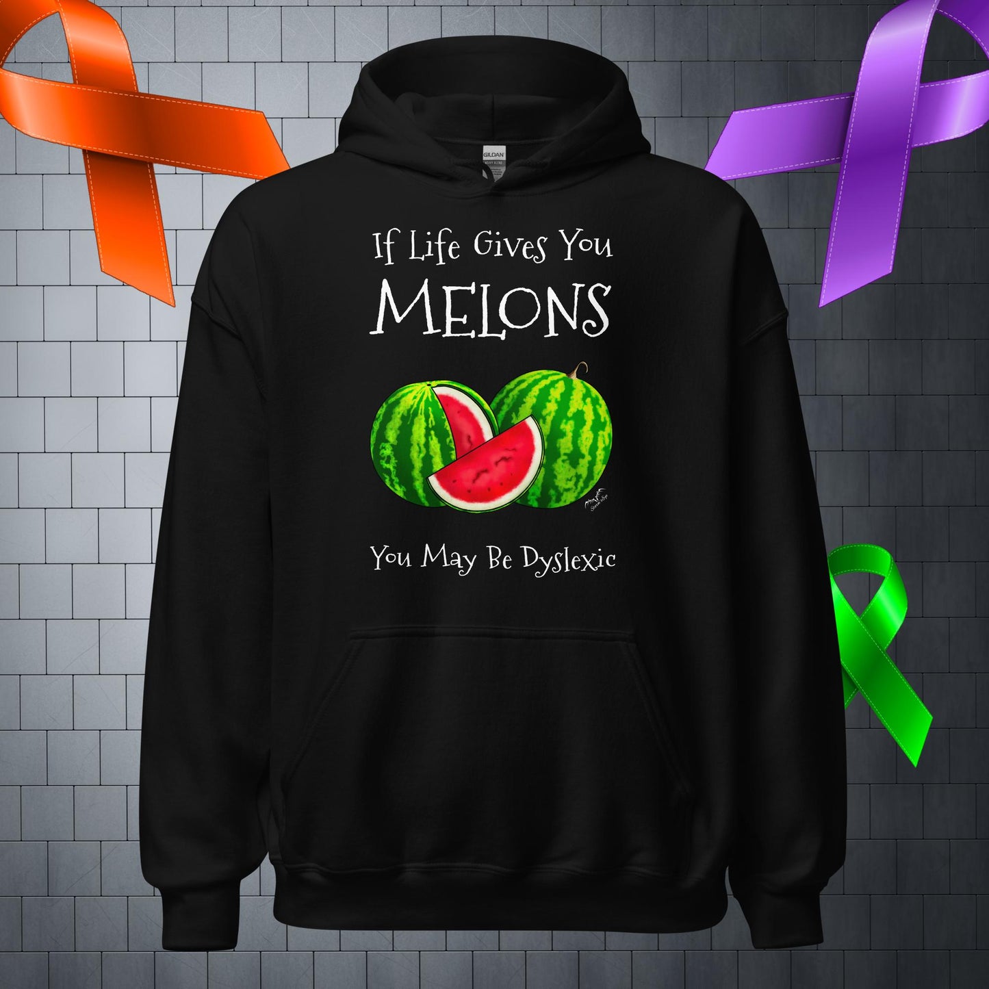 Funny Dyslexia Melons Hoodie, black by Stormseye Design