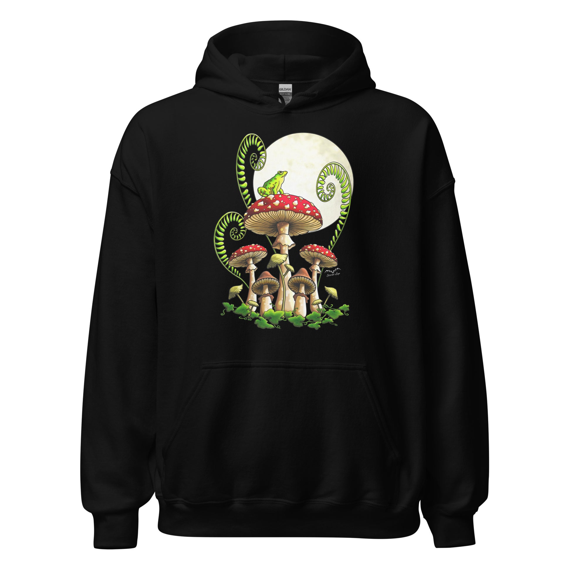 stormseye design moonlight mushrooms frog hoodie flat view black