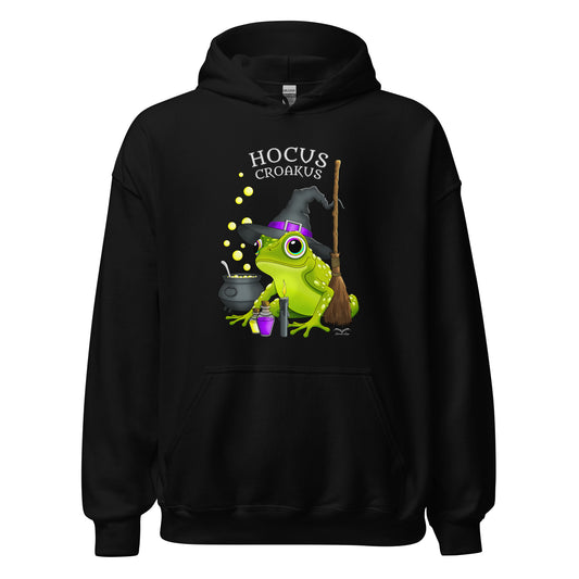 stormseye design witch frog hocus croakus hoodie, flat view, black