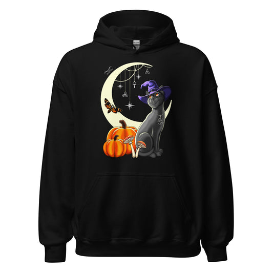 Stormseye Design Witch's Cat halloween hoodie, flat view black