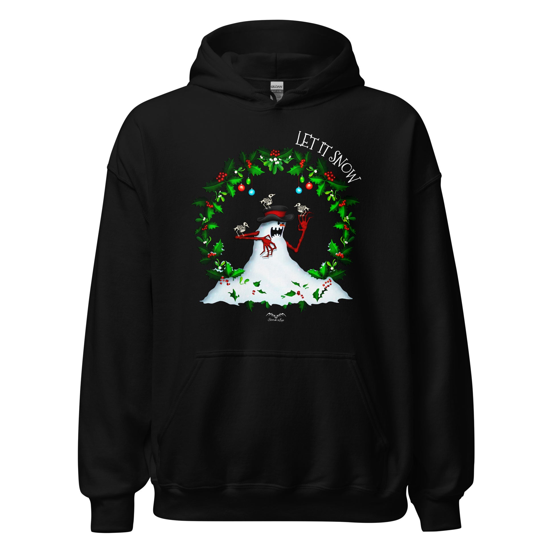stormseye design evil snowman christmas hoodie flat view black