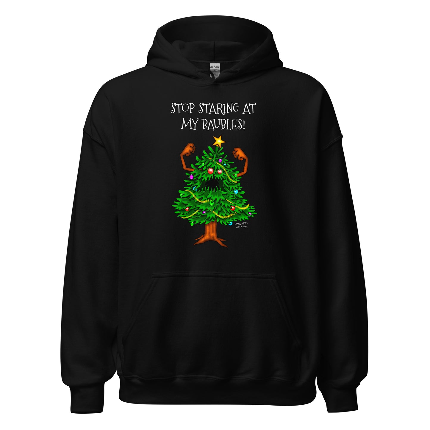 stormseye design angry christmas tree hoodie flat view black