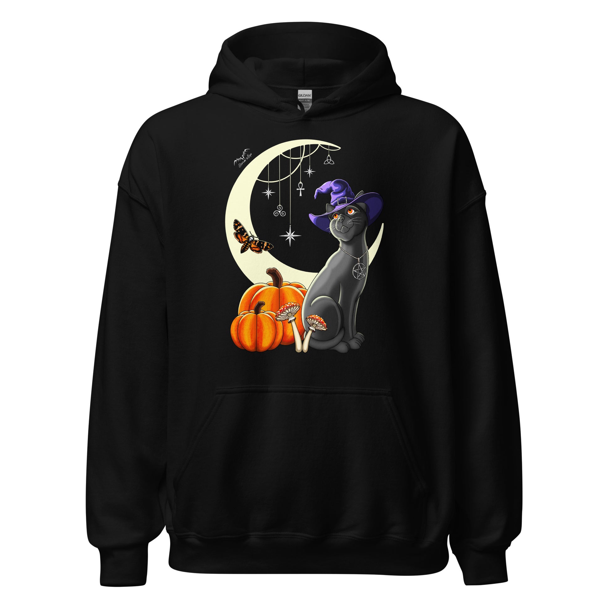 stormseye design witch’s cat halloween hoodie flat view black