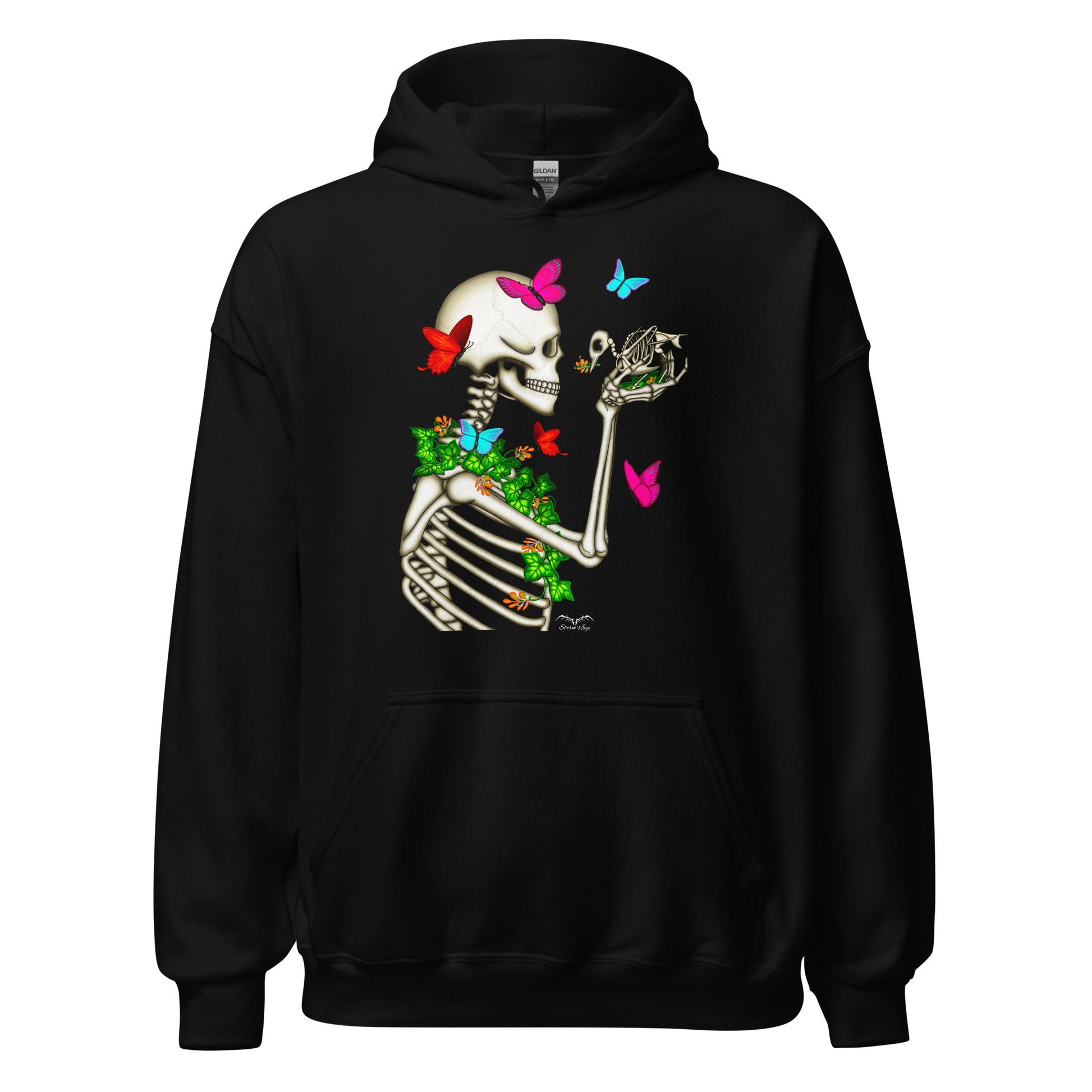 stormseye design skeleton and bird hoodie flat view black