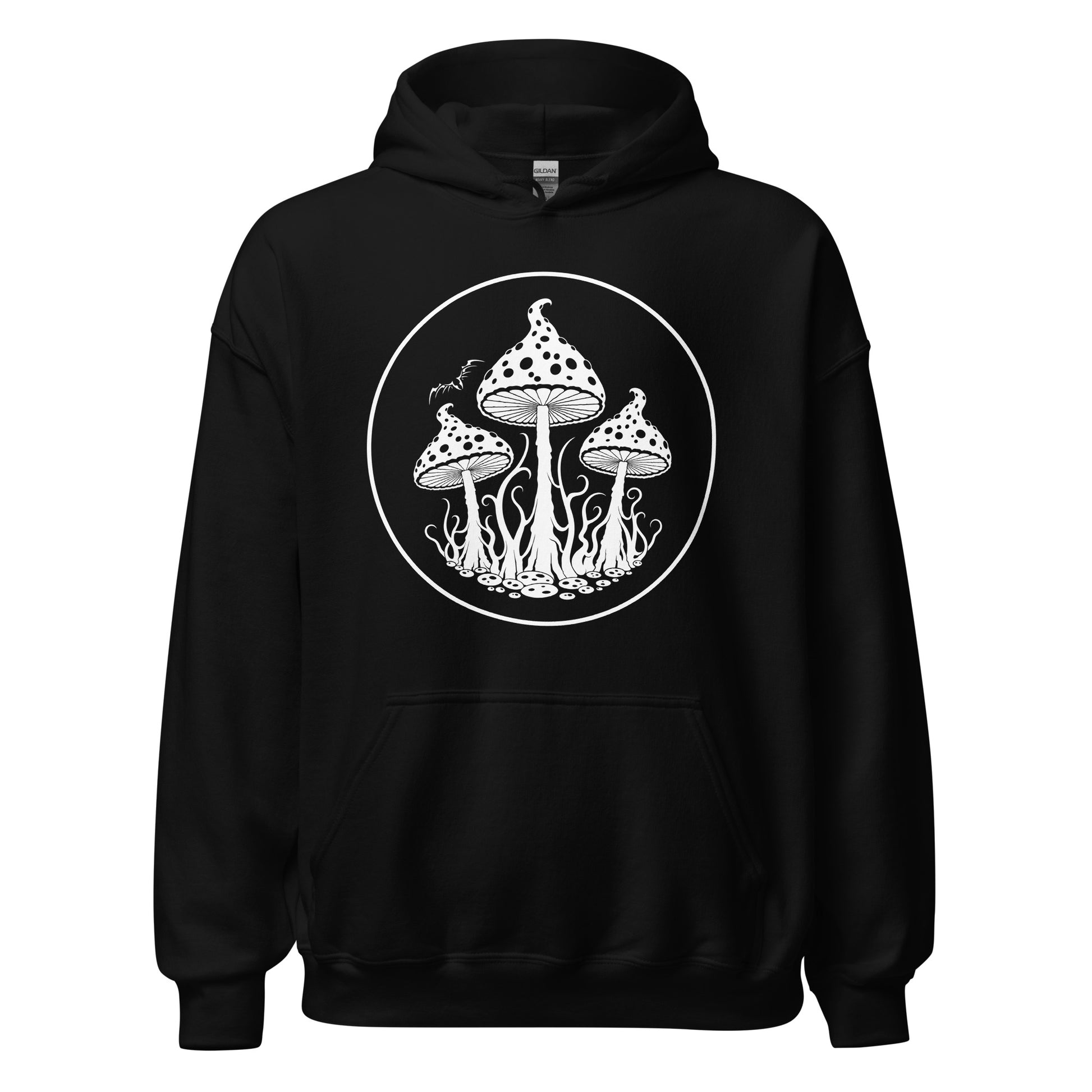 stormseye design trippy mushrooms hoodie, flat view, black