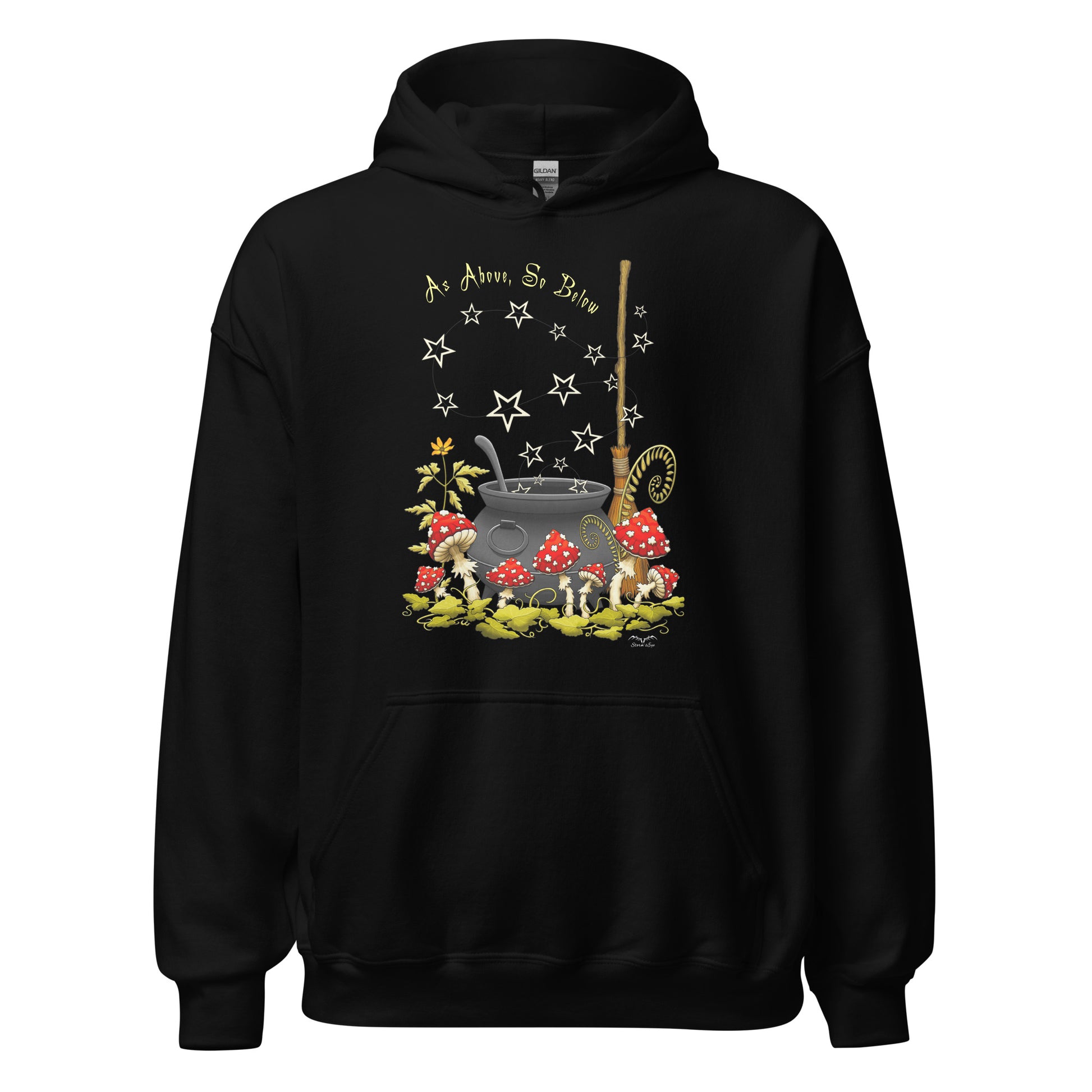 stormseye design witchy mushrooms hoodie, flat view, black