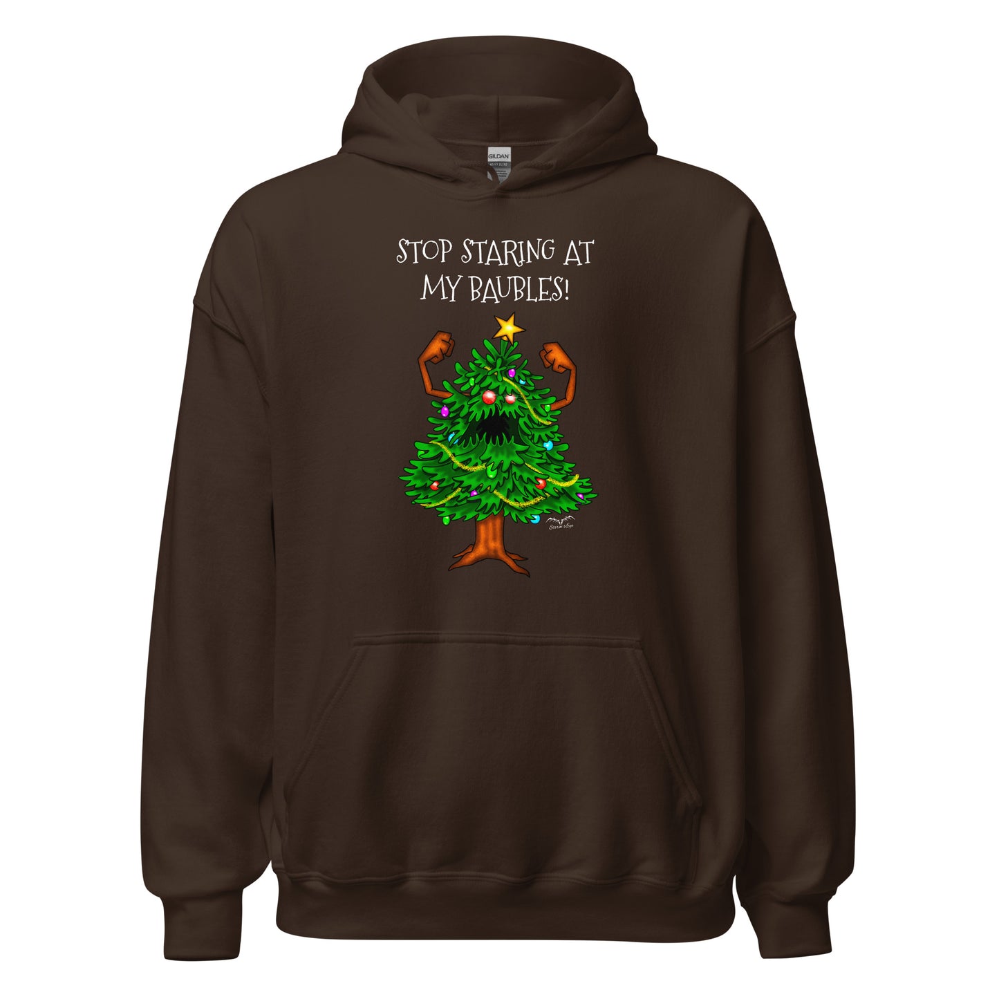 stormseye design angry christmas tree hoodie flat view brown