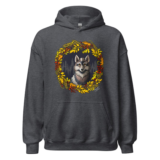 stormseye design winter wolf pullover hoodie flat view dark grey