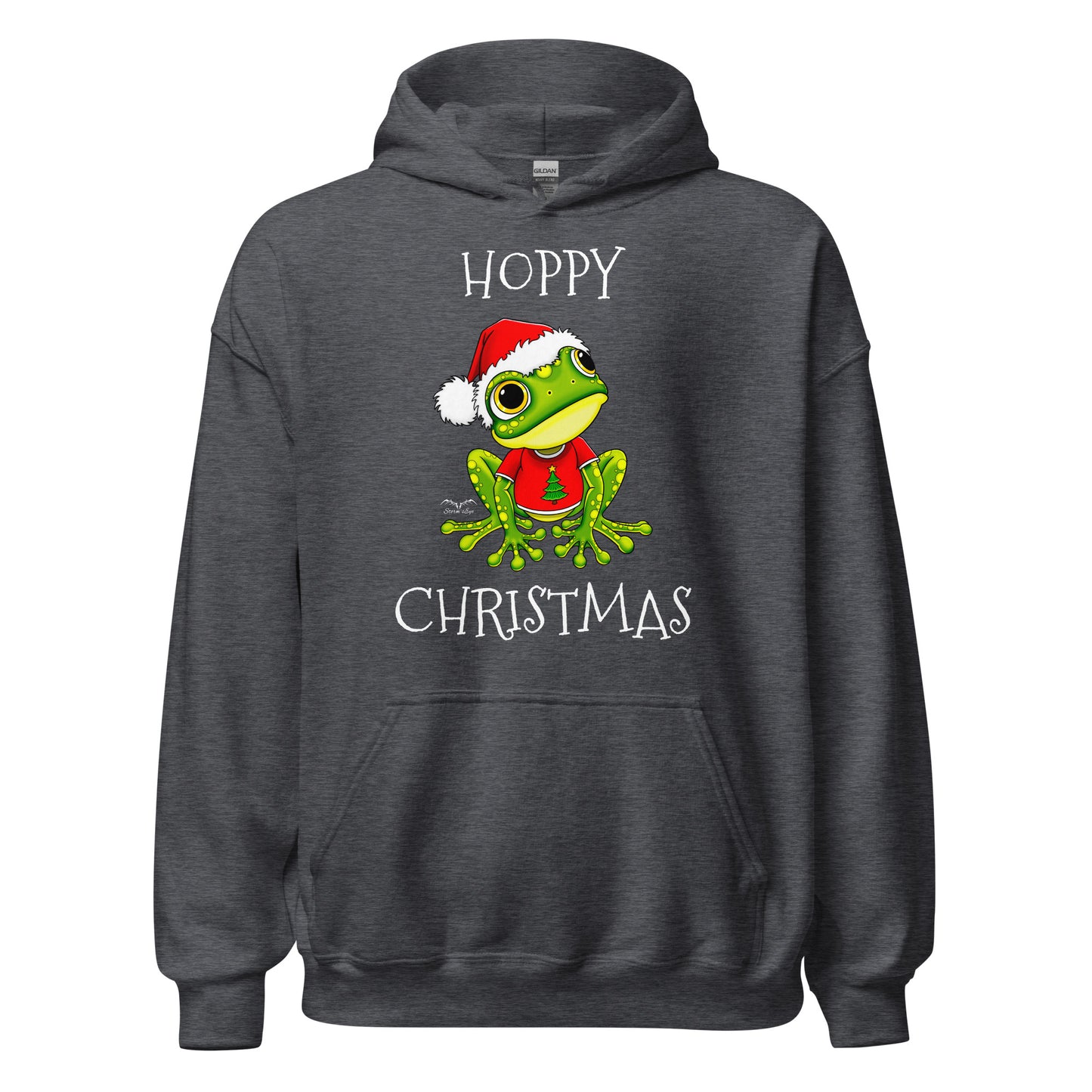 stormseye design christmas cute frog hoodie, flat view, dark grey