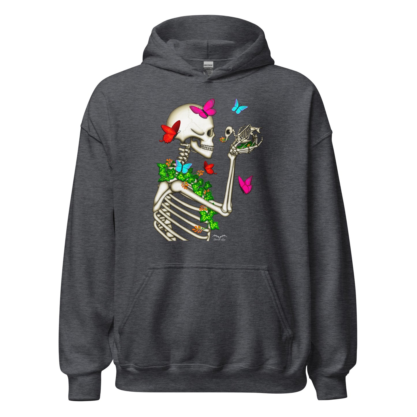 stormseye design skeleton and bird hoodie flat view dark heather
