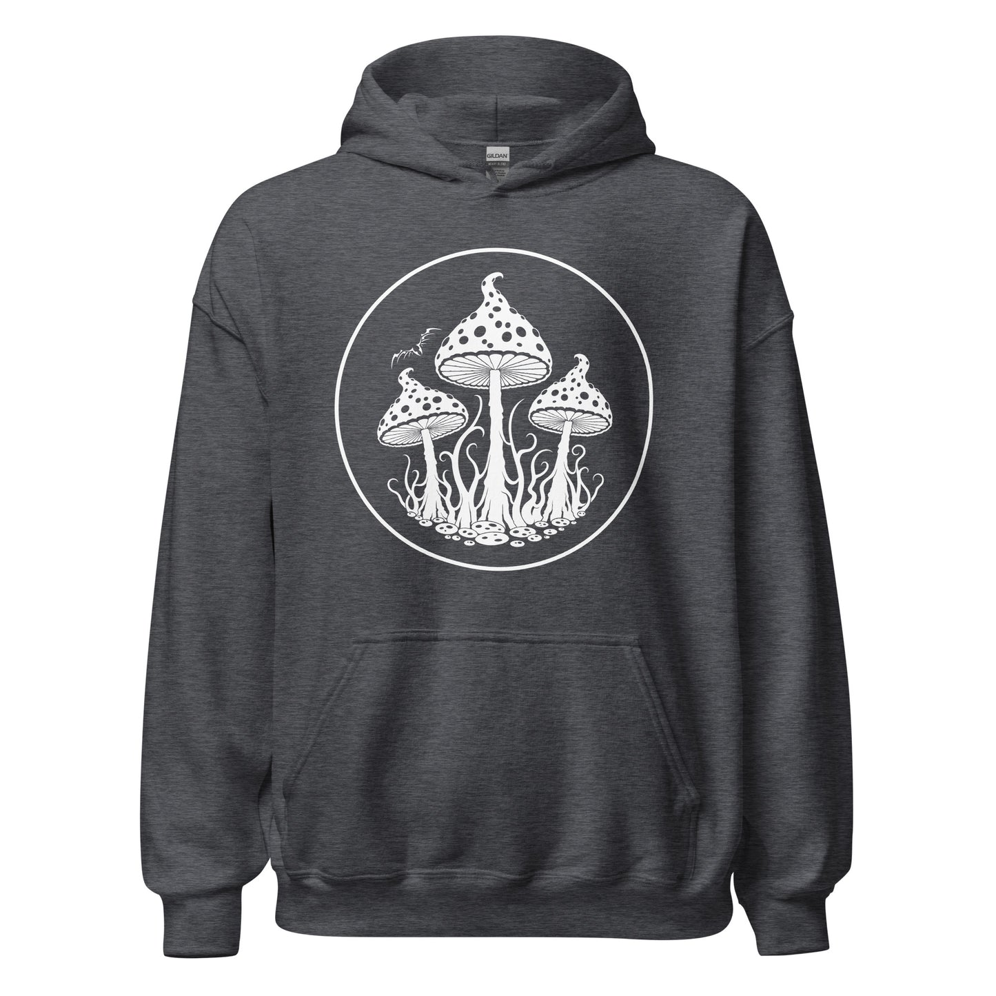 stormseye design trippy mushrooms hoodie, flat view, dark heather