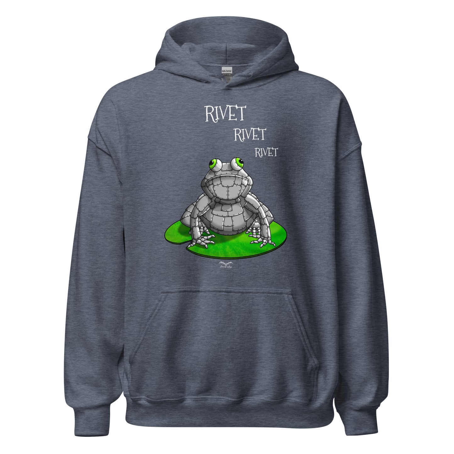 stormseye design funny metal frog hoodie flat view heather navy