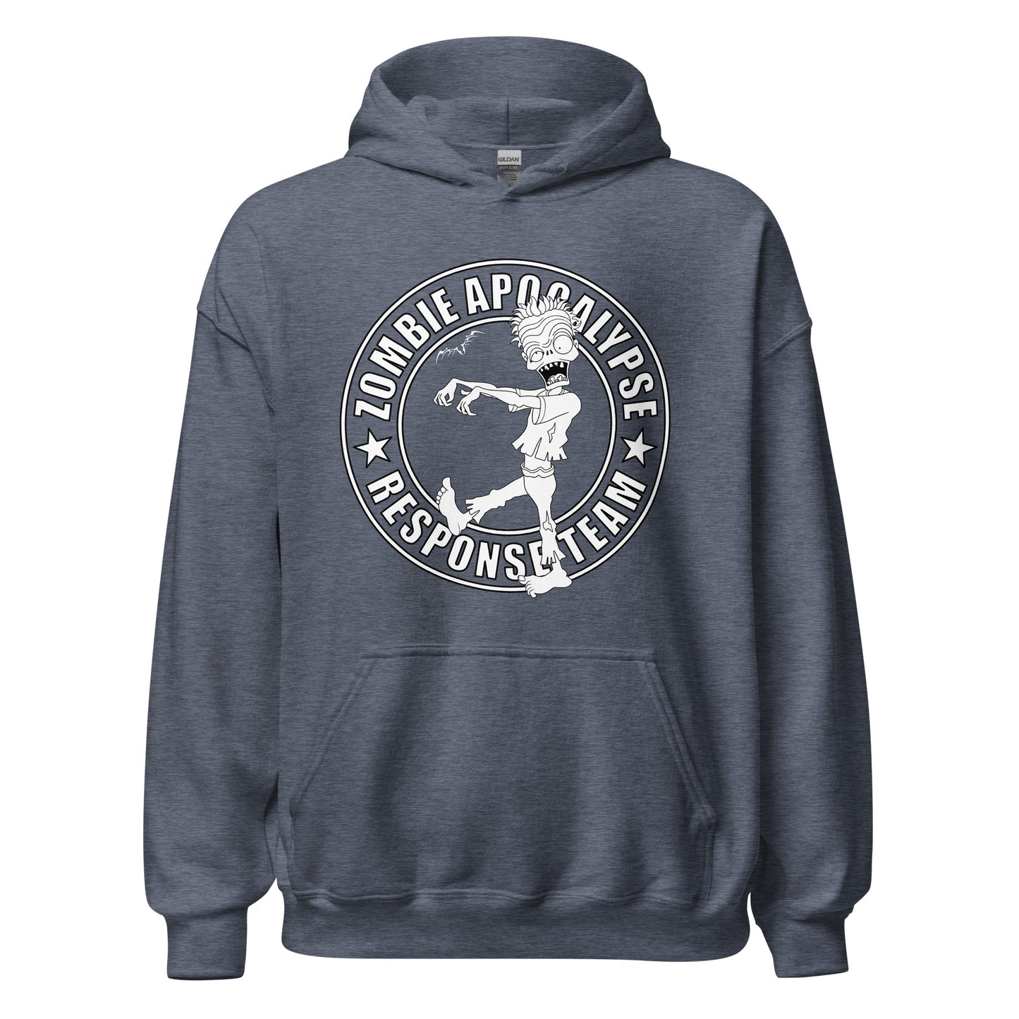 stormseye design zombie apocalypse colour hoodie, flat view heather navy