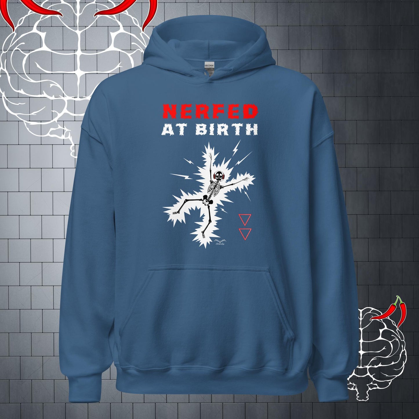 funny nerfed at birth gamer Hoodie, blue by Stormseye Design