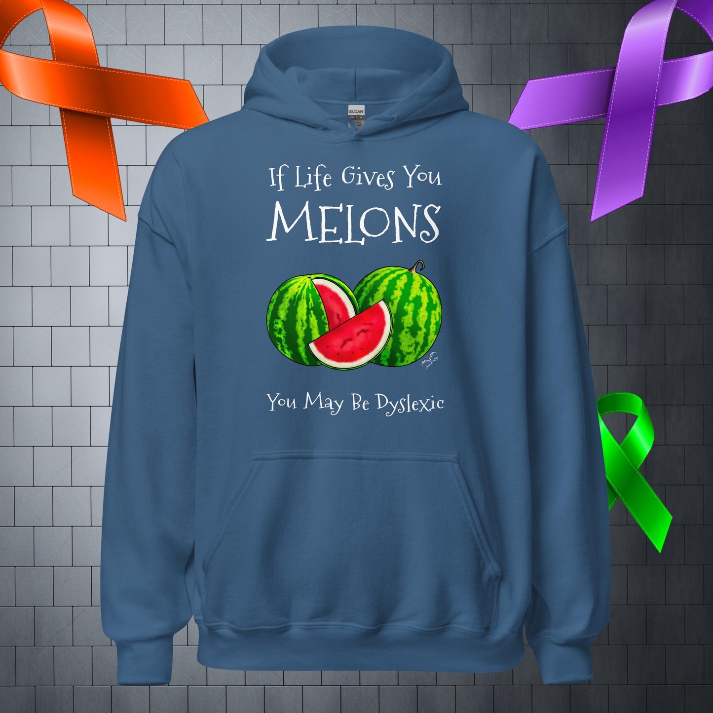 Funny Dyslexia Melons Hoodie, blue by Stormseye Design