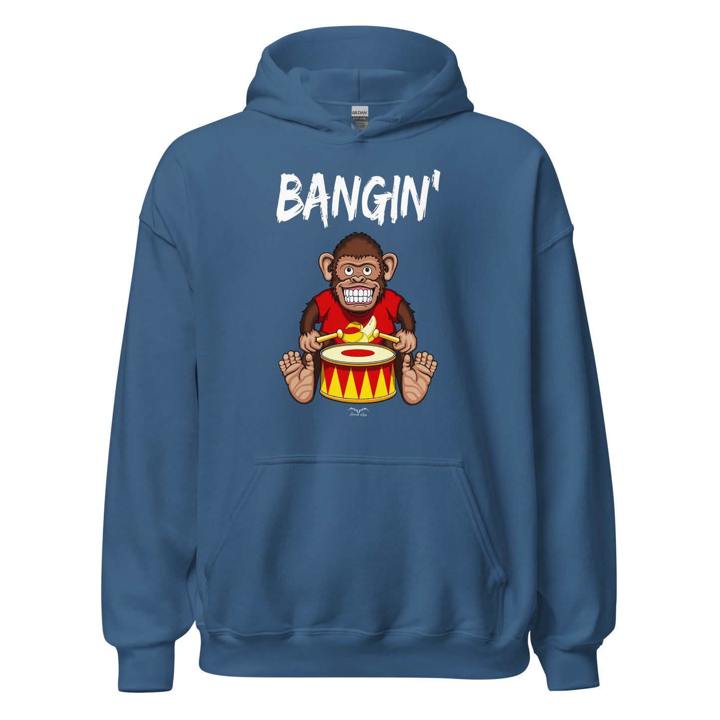 Bangin drummer monkey hoodie, blue, by Stormseye Design