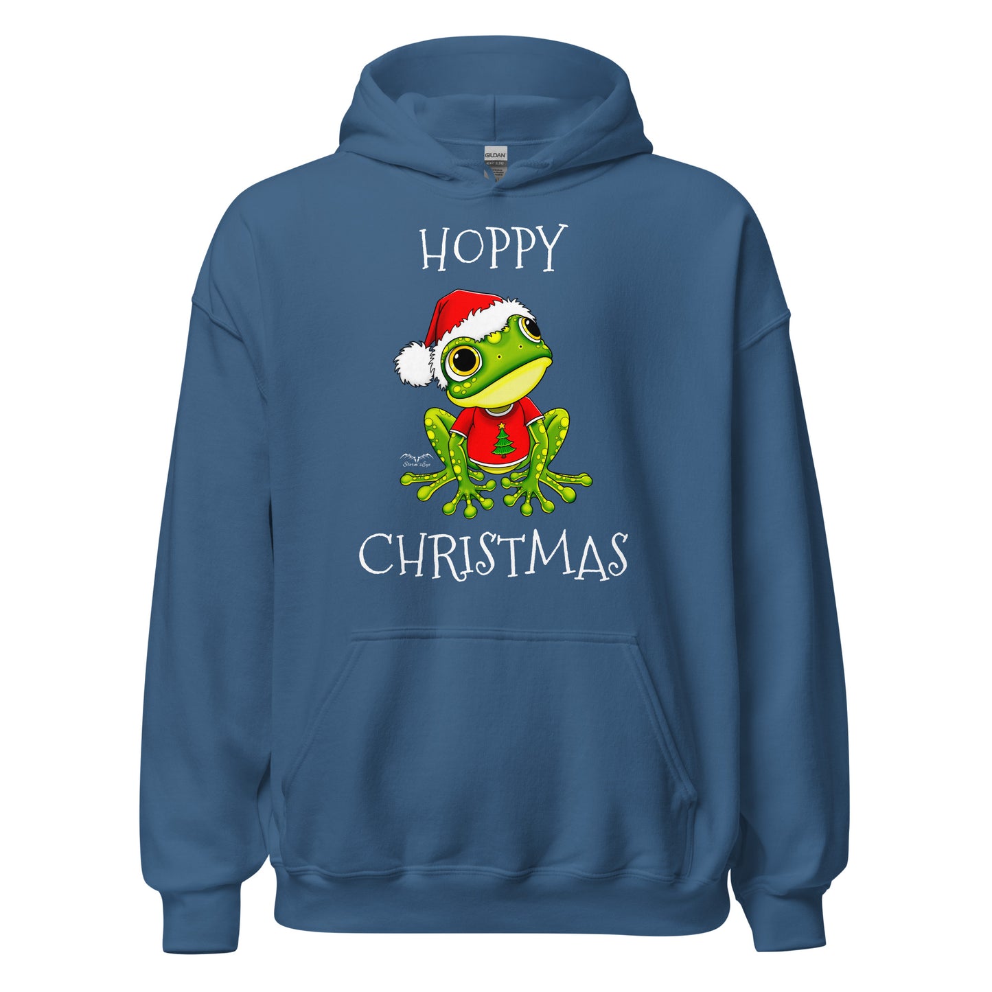 stormseye design christmas cute frog hoodie, flat view, blue