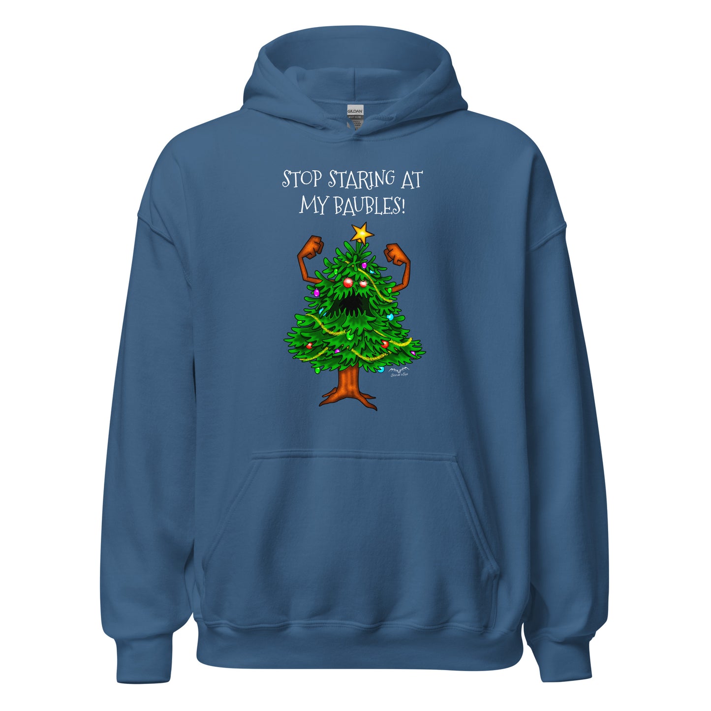 stormseye design angry christmas tree hoodie flat view blue