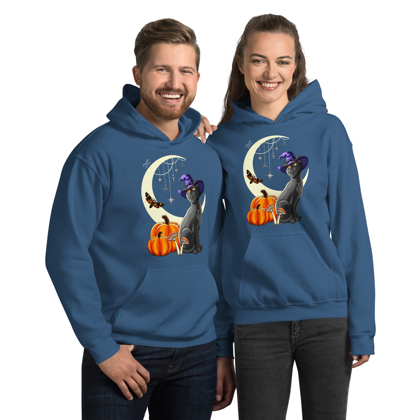 stormseye design witch’s cat halloween hoodie modelled view blue