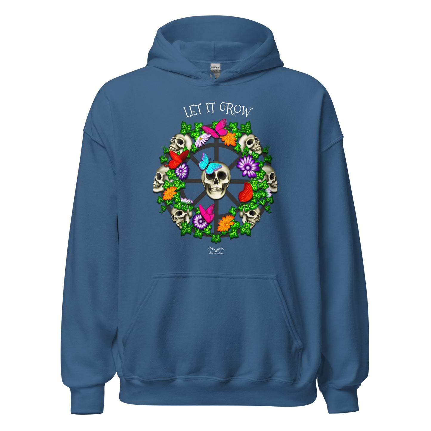 stormseye design skulls and flowers gothic hoodie flat view blue