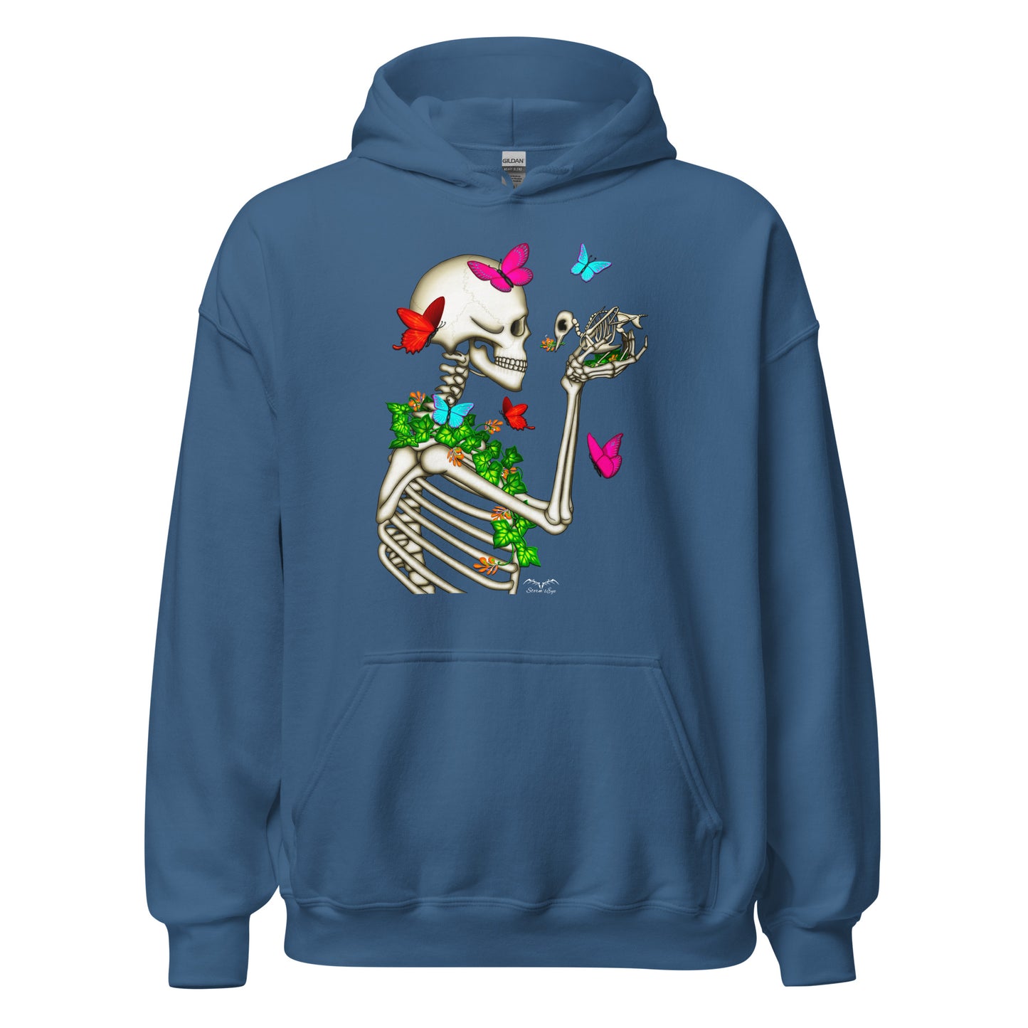 stormseye design skeleton and bird hoodie flat view blue